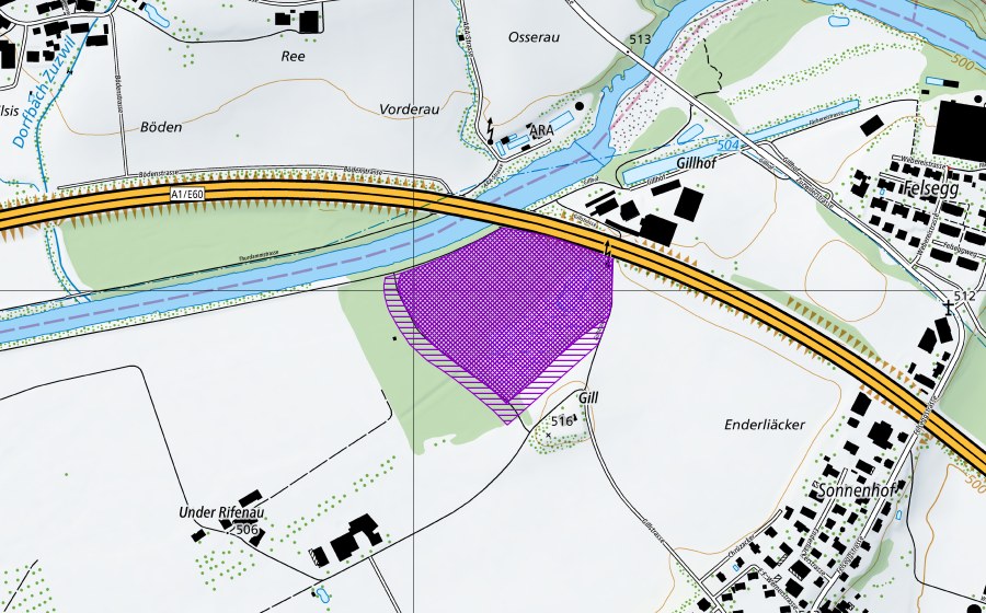 Landeskarte swisstopo mit dem Schutzperimeter von Gill-Henau Reservat (Amphibienlaichgebiet)