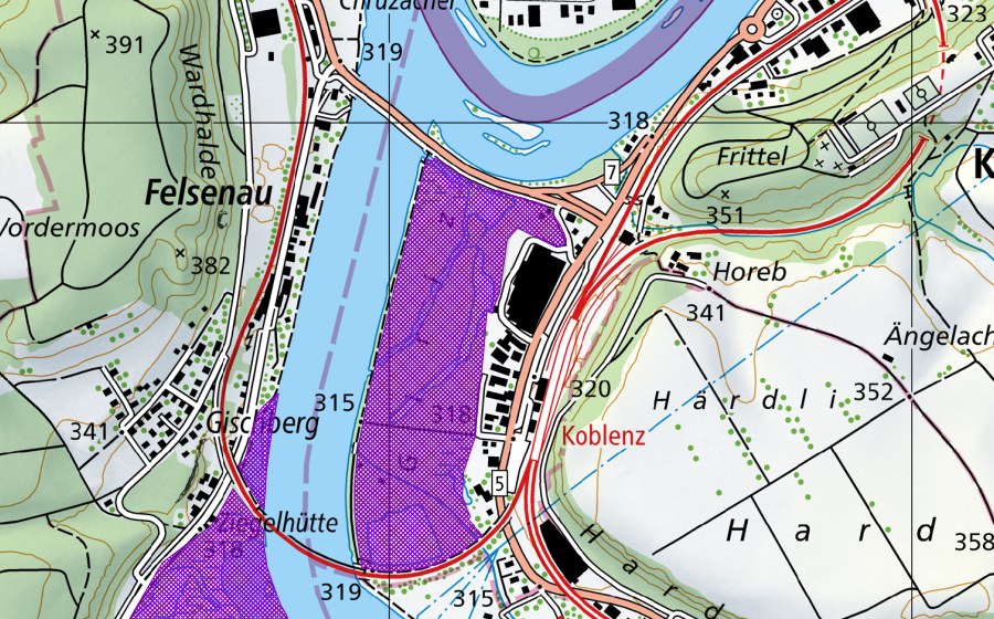 Landeskarte swisstopo mit dem Schutzperimeter von Giriz (Amphibienlaichgebiet)