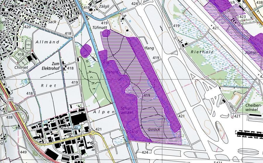 Carte nationale swisstopo avec le périmètre protégé de Glattaltlaufgebiet Schlosswinkel-Peterli-Solachten (Site de reproduction de batraciens)