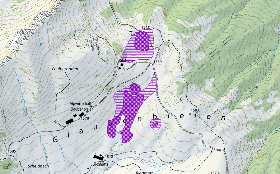 Carta nazionale swisstopo con il perimetro protetto di Glaubenbielen Ribihütte (Sito di riproduzione di anfibi)