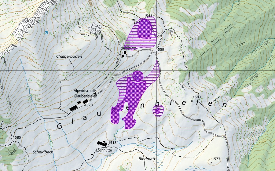 Landeskarte swisstopo mit dem Schutzperimeter von Glaubenbielen Ribihütte (Amphibienlaichgebiet)