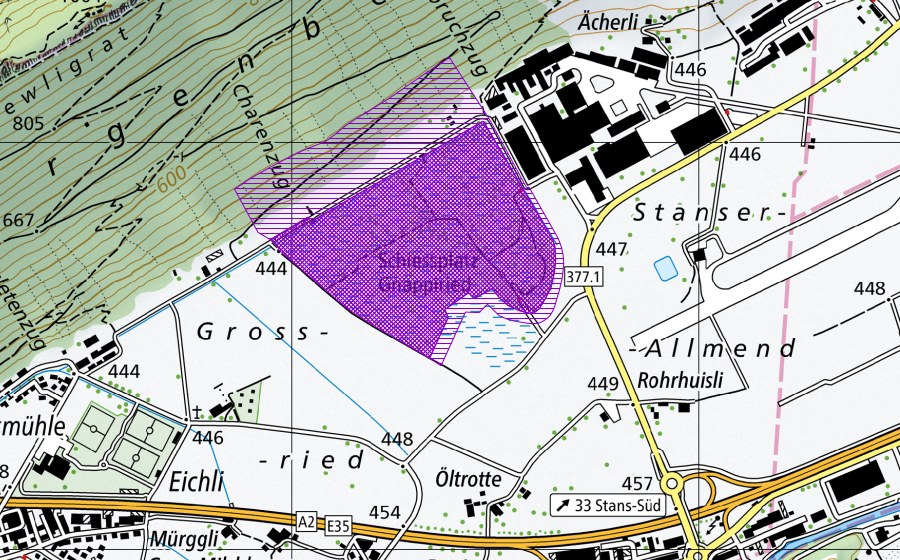 Landeskarte swisstopo mit dem Schutzperimeter von Gnappiried (Amphibienlaichgebiet)
