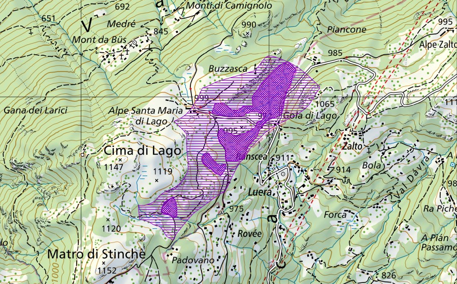 Landeskarte swisstopo mit dem Schutzperimeter von Gola di Lago (Amphibienlaichgebiet)