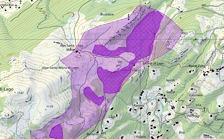 swisstopo national map showing the protected perimeter of Gola di Lago (Amphibian spawning site)
