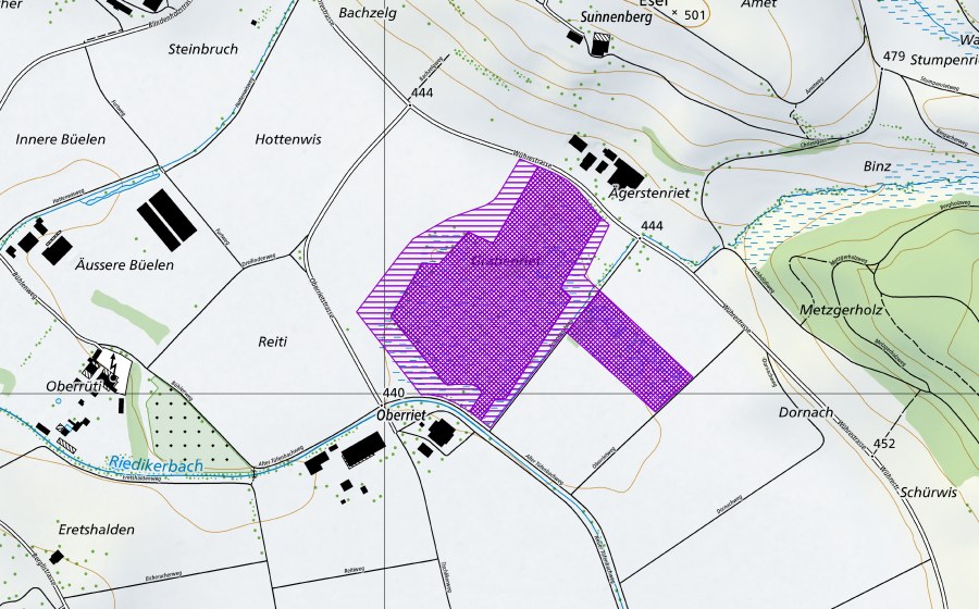 swisstopo national map showing the protected perimeter of Grabenriet (Amphibian spawning site)