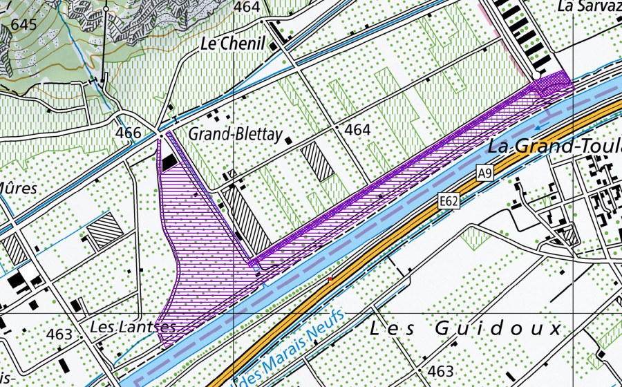 Landeskarte swisstopo mit dem Schutzperimeter von Grand-Blettay (Amphibienlaichgebiet)