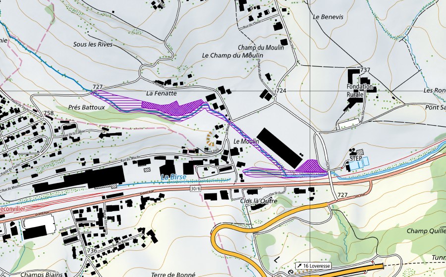 swisstopo national map showing the protected perimeter of Gravière + STEP (Amphibian spawning site)