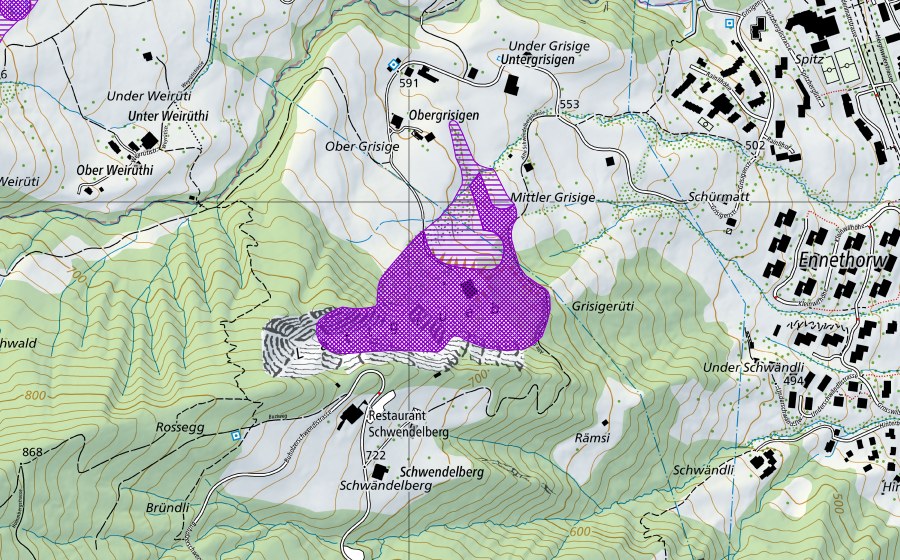 Carte nationale swisstopo avec le périmètre protégé de Grisigen (Site de reproduction de batraciens)