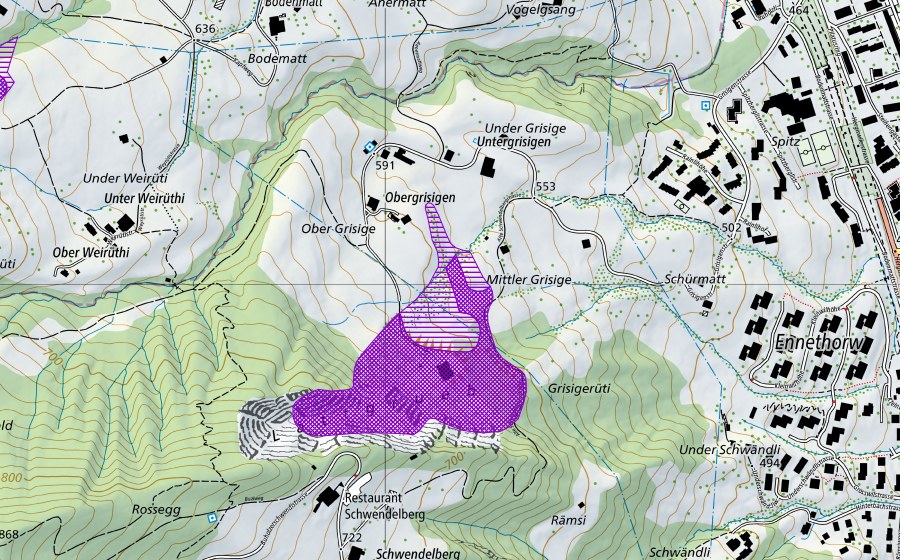 Carte nationale swisstopo avec le périmètre protégé de Grisigen (Site de reproduction de batraciens)