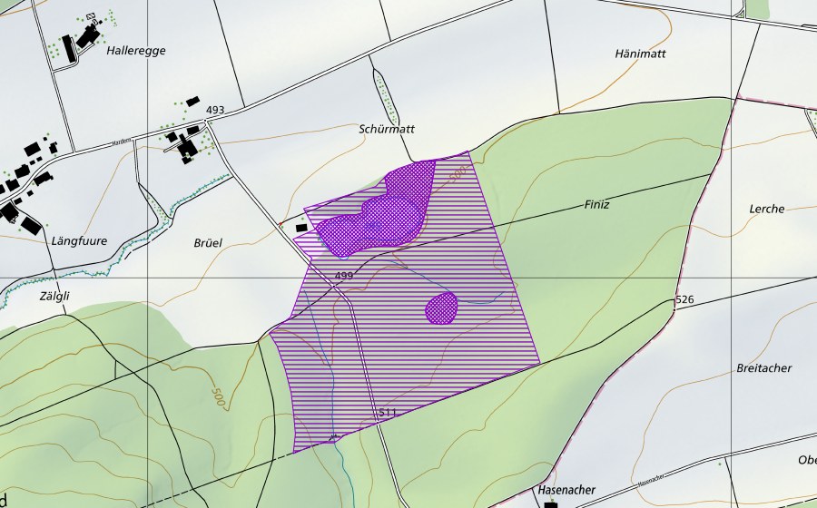 swisstopo national map showing the protected perimeter of Grube Hardern (Amphibian spawning site)