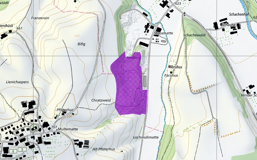 Carte nationale swisstopo avec le périmètre protégé de Grube Stoos Hüswil (Site de reproduction de batraciens)