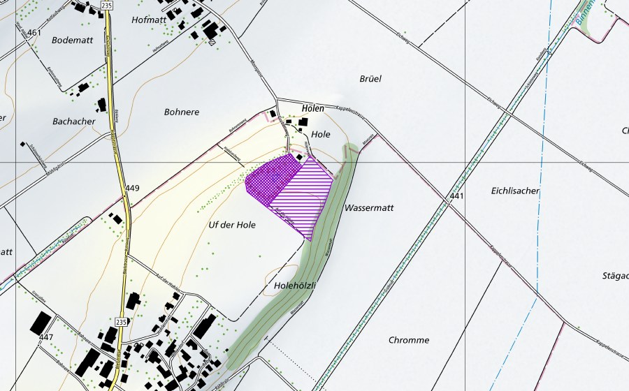 Landeskarte swisstopo mit dem Schutzperimeter von Grube uf der Hole (Amphibienlaichgebiet)