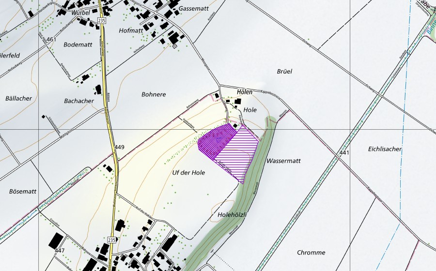 swisstopo national map showing the protected perimeter of Grube uf der Hole (Amphibian spawning site)