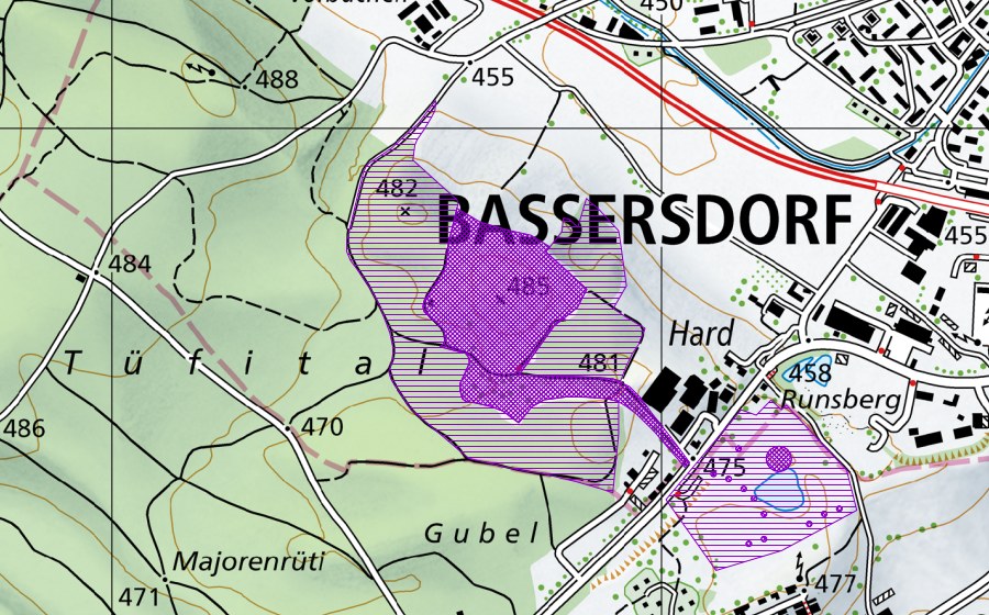swisstopo national map showing the protected perimeter of Gruben Hard und Gubel (Amphibian spawning site)