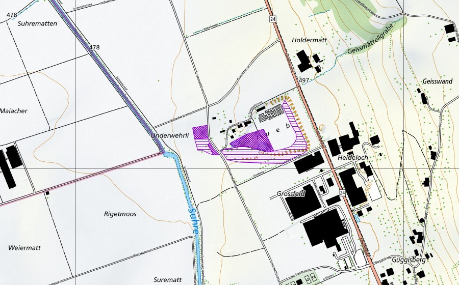 Landeskarte swisstopo mit dem Schutzperimeter von Grueb Grossfeld (Amphibienlaichgebiet)