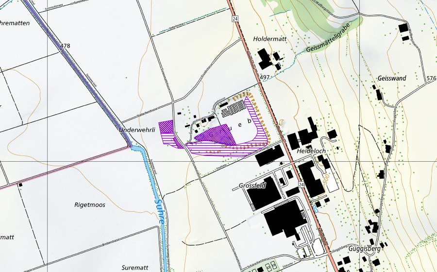 Landeskarte swisstopo mit dem Schutzperimeter von Grueb Grossfeld (Amphibienlaichgebiet)
