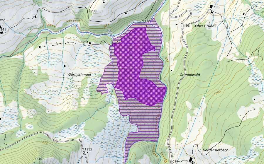 Landeskarte swisstopo mit dem Schutzperimeter von Gürmschmoos (Amphibienlaichgebiet)