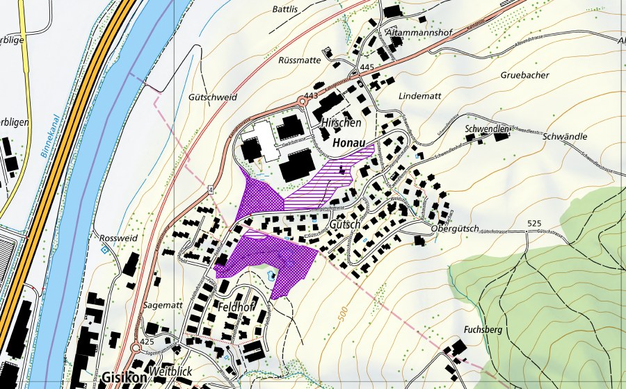 Landeskarte swisstopo mit dem Schutzperimeter von Gütsch/Feldhof (Amphibienlaichgebiet)