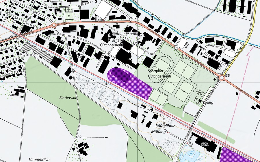 swisstopo national map showing the protected perimeter of Güttingersrüti (Amphibian spawning site)