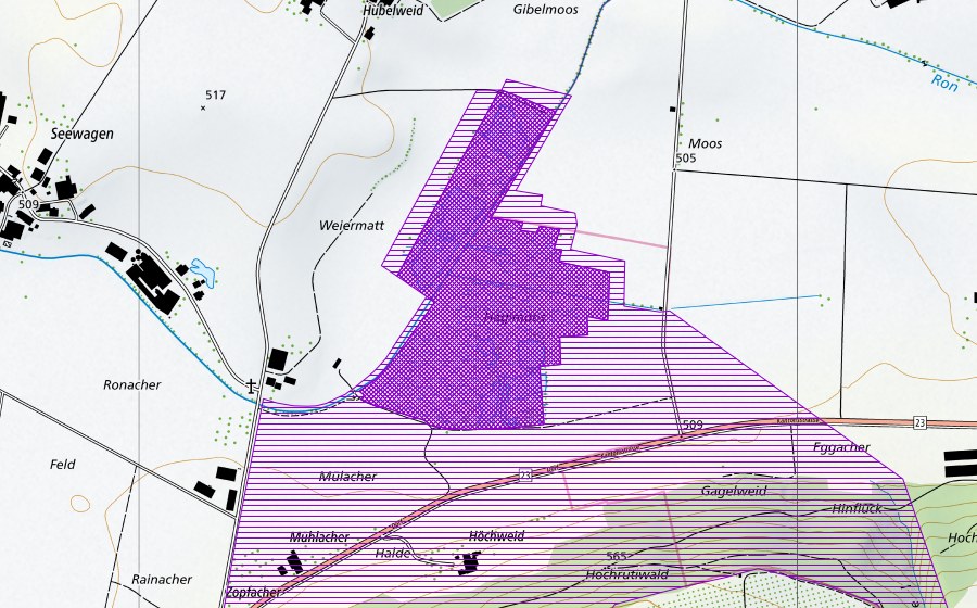 Carte nationale swisstopo avec le périmètre protégé de Hagimoos (Site de reproduction de batraciens)