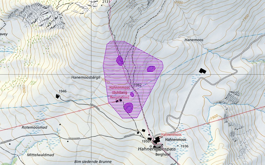 Carta nazionale swisstopo con il perimetro protetto di Hahnenmoosbergli (Sito di riproduzione di anfibi)