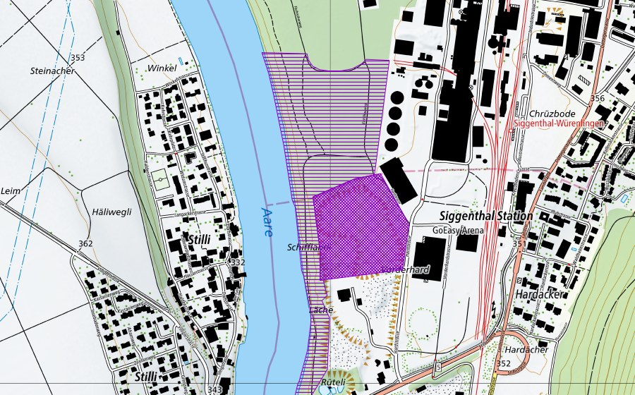 Carte nationale swisstopo avec le périmètre protégé de Hard (Site de reproduction de batraciens)