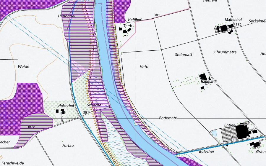 swisstopo national map showing the protected perimeter of Heftihof (Amphibian spawning site)