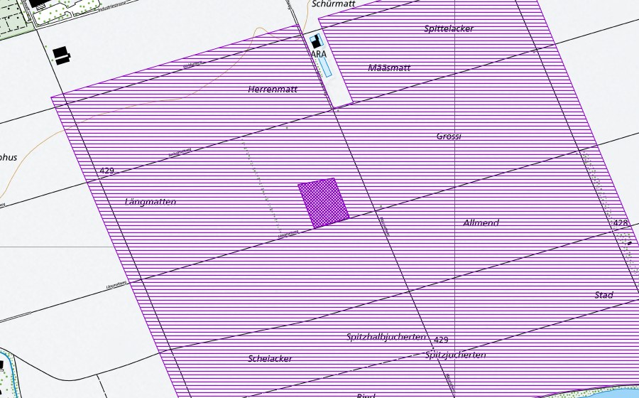 swisstopo national map showing the protected perimeter of Herrenmatt (Amphibian spawning site)