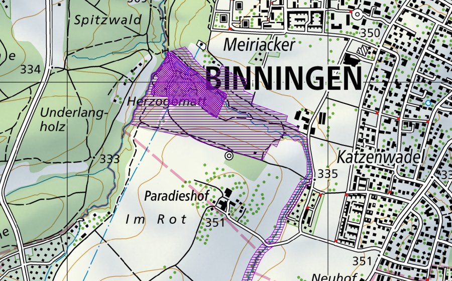 Carte nationale swisstopo avec le périmètre protégé de Herzogenmatt (Site de reproduction de batraciens)