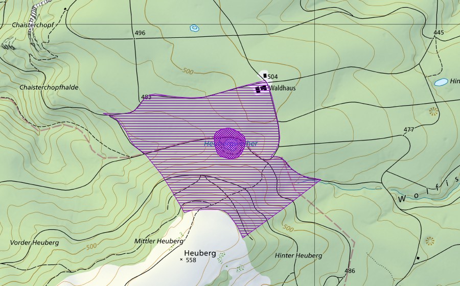 Carte nationale swisstopo avec le périmètre protégé de Heuberg (Site de reproduction de batraciens)
