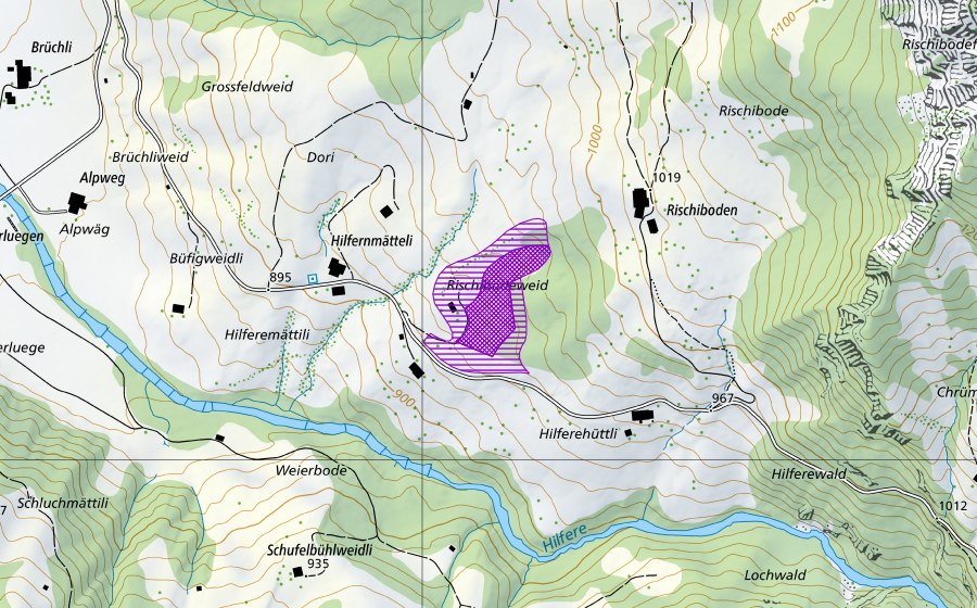 Landeskarte swisstopo mit dem Schutzperimeter von Hilferenmättili (Amphibienlaichgebiet)