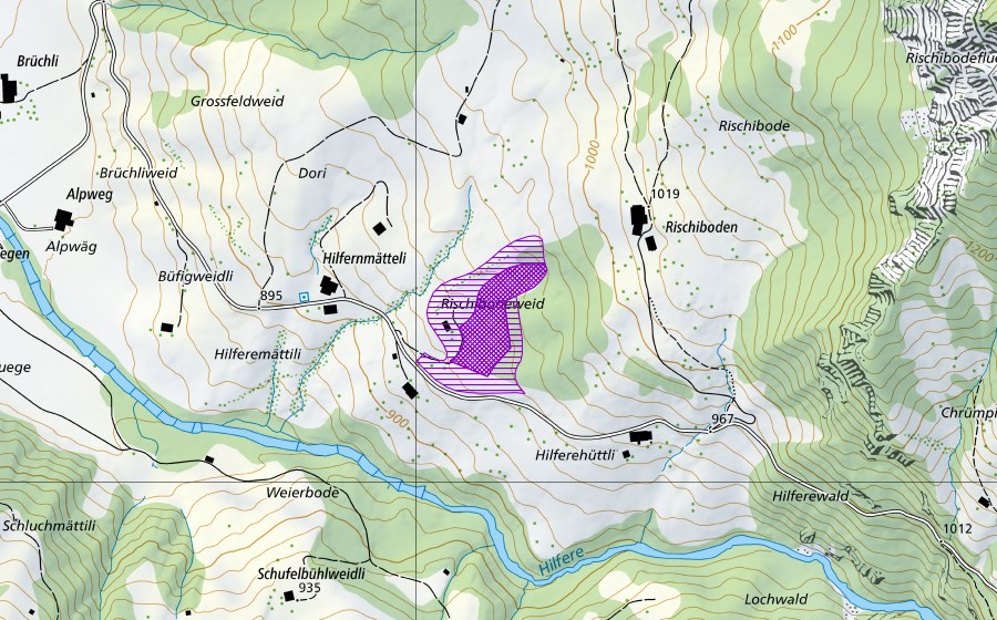 Landeskarte swisstopo mit dem Schutzperimeter von Hilferenmättili (Amphibienlaichgebiet)