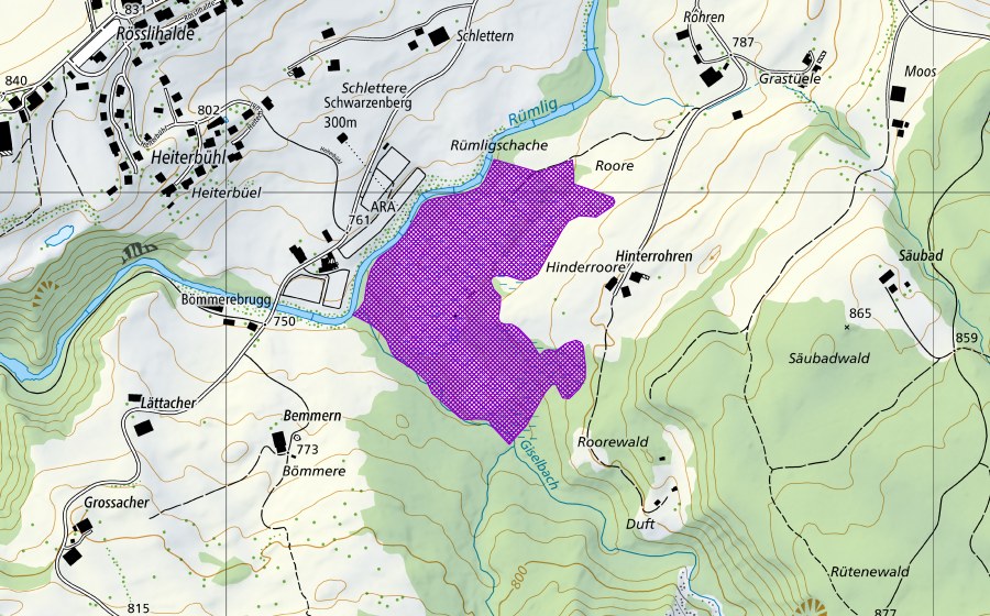 Carte nationale swisstopo avec le périmètre protégé de Hinter Roren (Site de reproduction de batraciens)