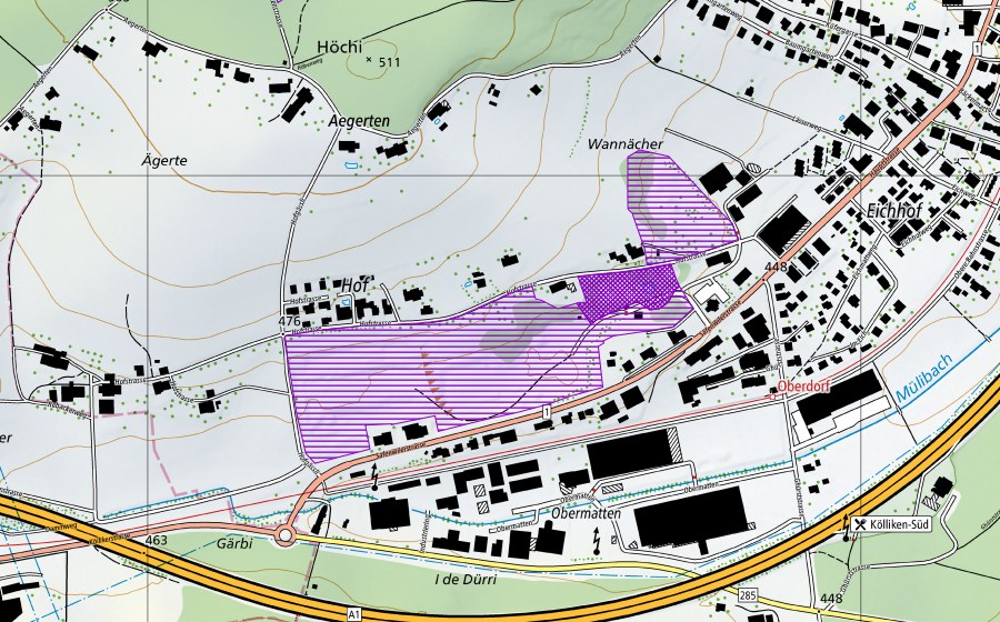 swisstopo national map showing the protected perimeter of Hof (Amphibian spawning site)