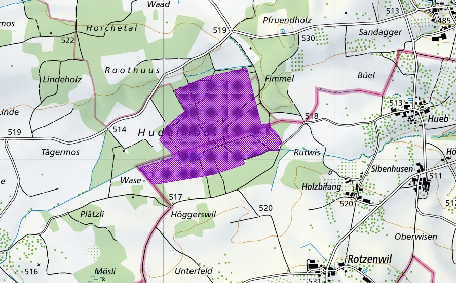 Carte nationale swisstopo avec le périmètre protégé de Hudelmoos (Site de reproduction de batraciens)
