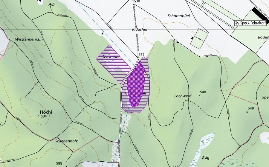 Carte nationale swisstopo avec le périmètre protégé de Hungerseeli (Site de reproduction de batraciens)