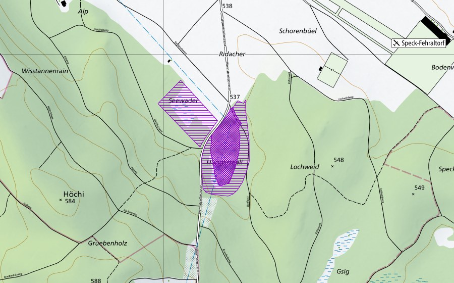 Landeskarte swisstopo mit dem Schutzperimeter von Hungerseeli (Amphibienlaichgebiet)