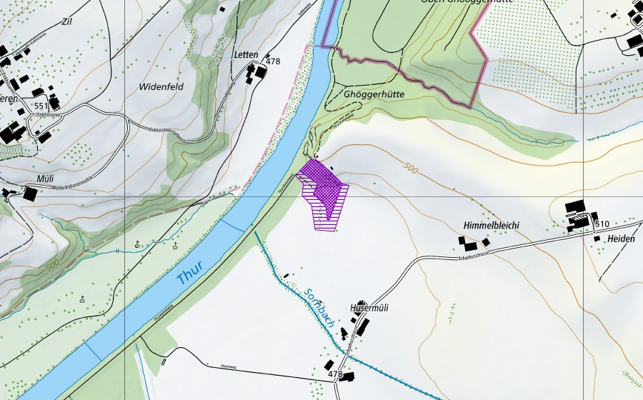 Landeskarte swisstopo mit dem Schutzperimeter von Huserfelsen, Himmelbleichi (Amphibienlaichgebiet)