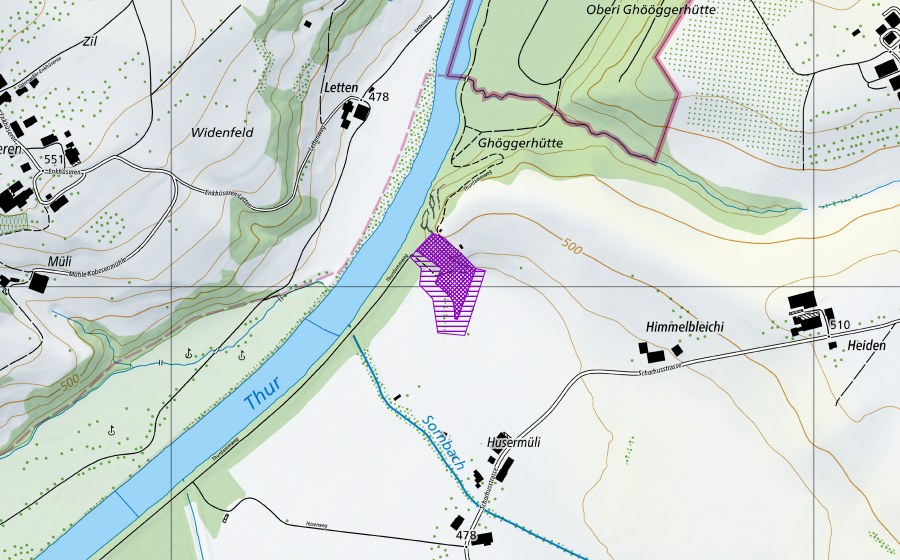 Carte nationale swisstopo avec le périmètre protégé de Huserfelsen, Himmelbleichi (Site de reproduction de batraciens)
