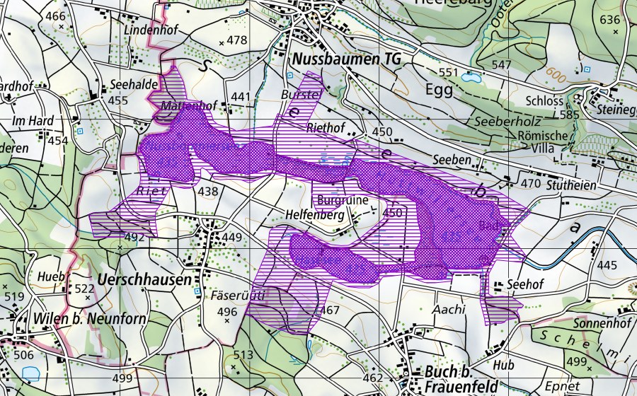 Landeskarte swisstopo mit dem Schutzperimeter von Hüttwiler Seen (Amphibienlaichgebiet)