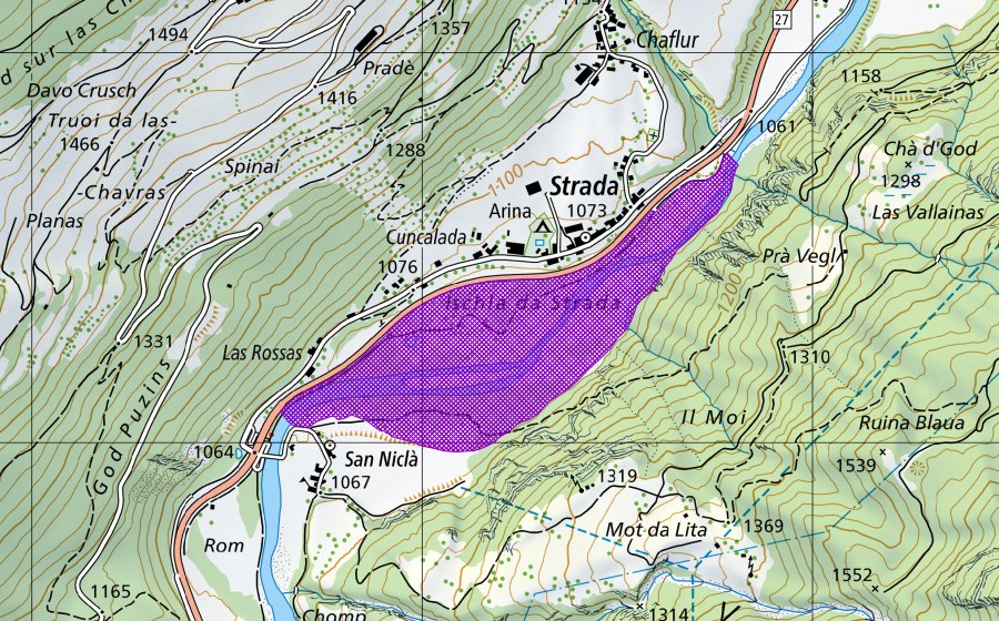 Carta nazionale swisstopo con il perimetro protetto di Ischlas da Strada (Sito di riproduzione di anfibi)