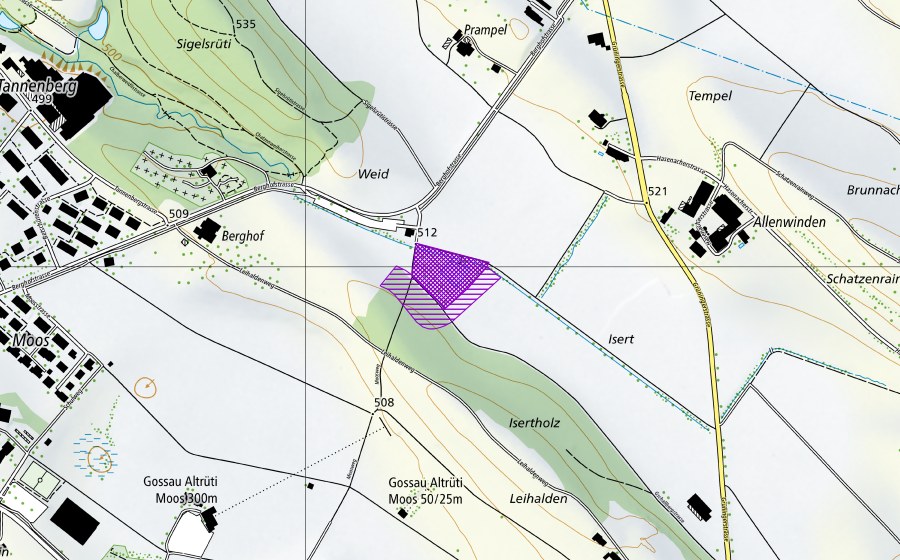 Landeskarte swisstopo mit dem Schutzperimeter von Isert Weiher (Amphibienlaichgebiet)