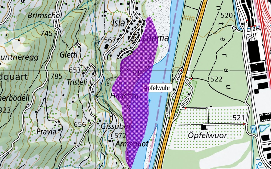 Landeskarte swisstopo mit dem Schutzperimeter von Isla (Amphibienlaichgebiet)