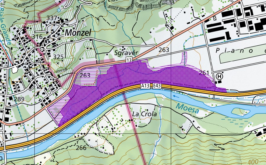 Carte nationale swisstopo avec le périmètre protégé de Isola Sgraver (Site de reproduction de batraciens)