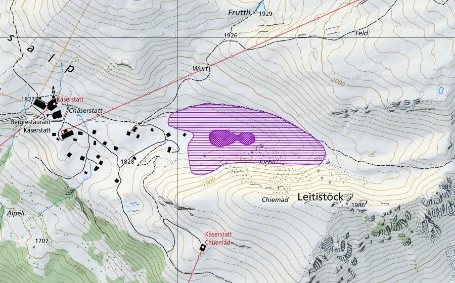 swisstopo national map showing the protected perimeter of Juchli Käserstatt (Amphibian spawning site)
