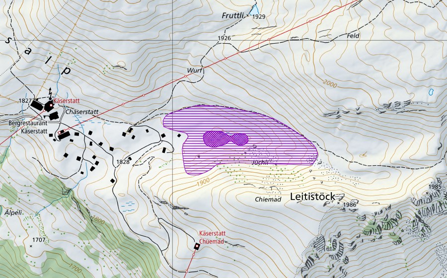 Landeskarte swisstopo mit dem Schutzperimeter von Juchli Käserstatt (Amphibienlaichgebiet)