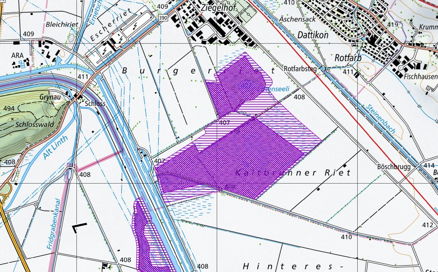 Landeskarte swisstopo mit dem Schutzperimeter von Kaltbrunnerriet (Amphibienlaichgebiet)
