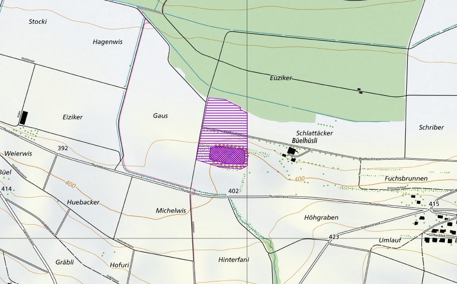 swisstopo national map showing the protected perimeter of Kiesgrube Büelhüsli (Amphibian spawning site)