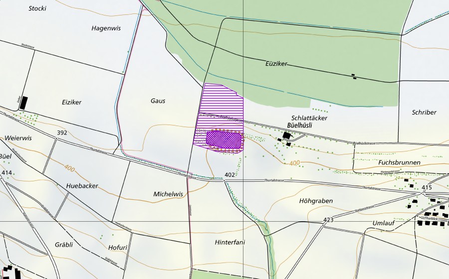 Landeskarte swisstopo mit dem Schutzperimeter von Kiesgrube Büelhüsli (Amphibienlaichgebiet)