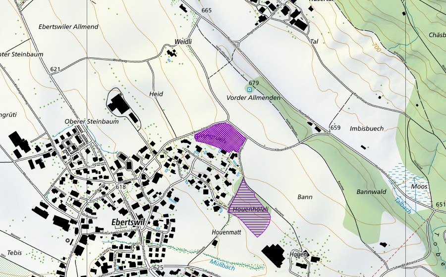 Carte nationale swisstopo avec le périmètre protégé de Kiesgrube Ebertswil (Site de reproduction de batraciens)